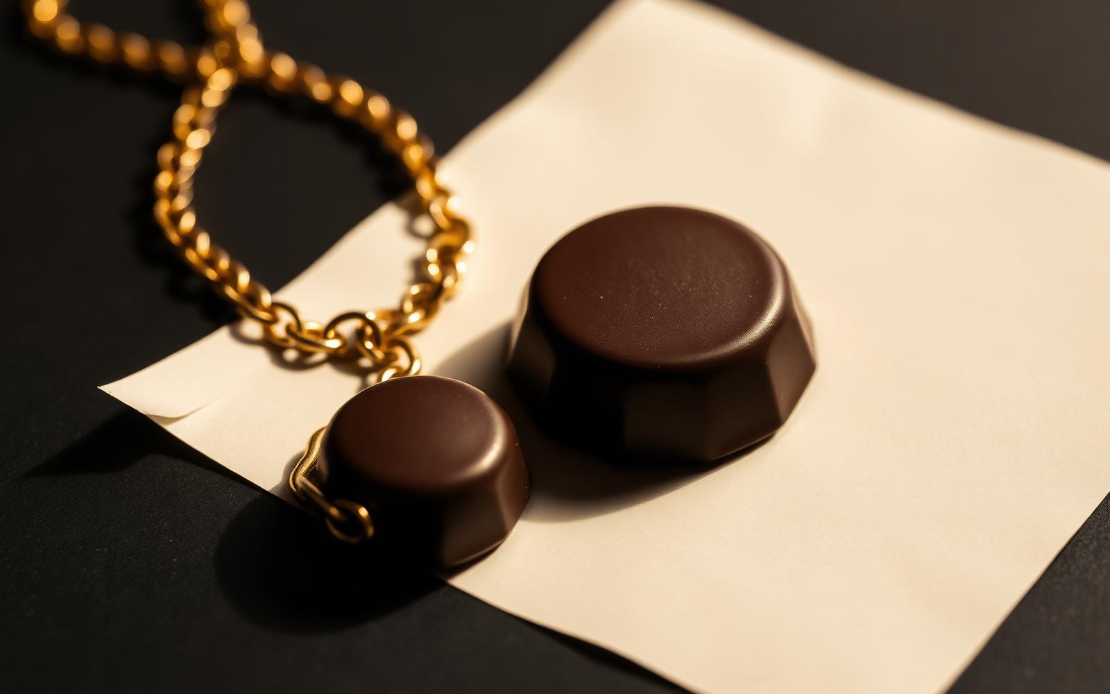 Cadena dorada junto a un bombón de chocolate sobre papel marfil