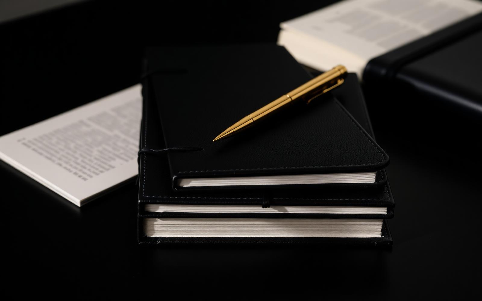 Libretas negras de cuero con pluma dorada sobre escritorio oscuro