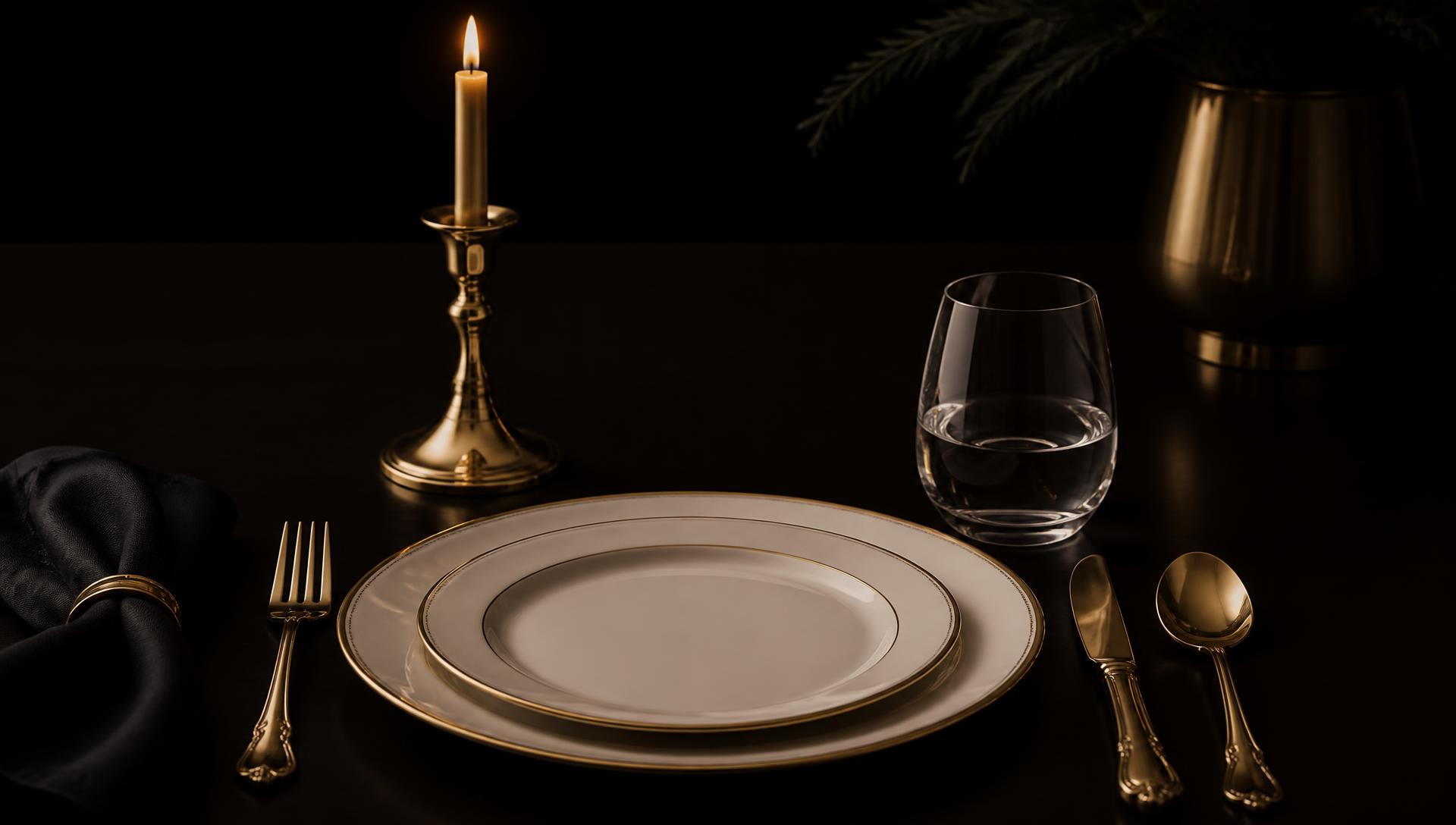 Mesa elegante servida para una persona con una vela dorada sobre fondo negro