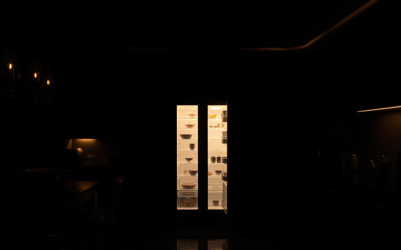 Nevera abierta iluminada en una cocina oscura