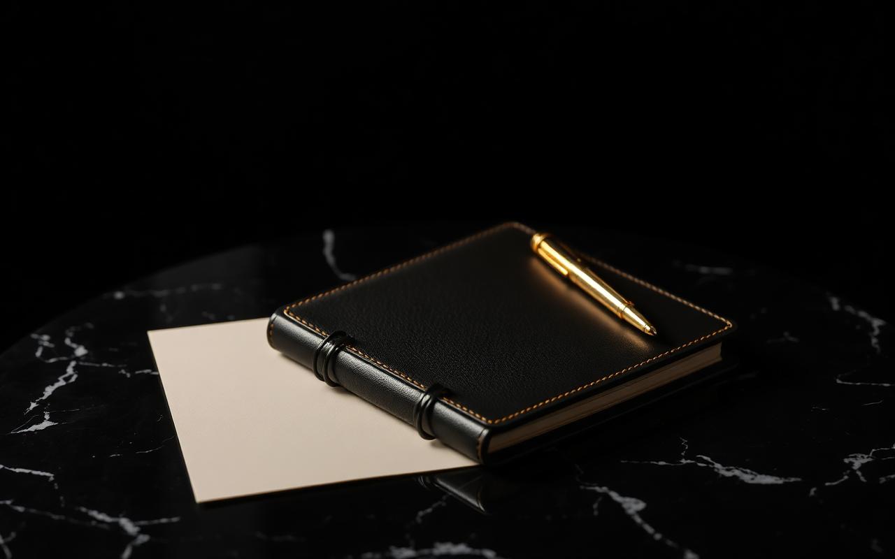 Cuaderno de cuero y pluma dorada sobre mármol negro