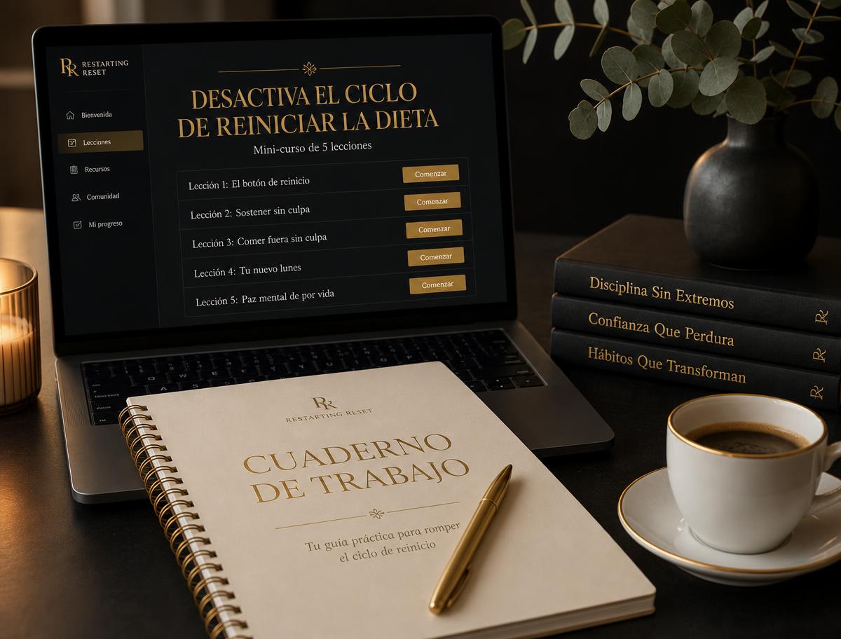 Mini-curso Restarting Reset LS35 en laptop y celular, junto al cuaderno de trabajo digital